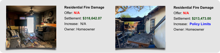Residential Fire Damage Offer: N/A Settlement: $213,473.00 Increase:  Policy Limits Owner: Homeowner Residential Fire Damage Offer: N/A Settlement: $318,642.07 Increase:  N/A Owner: Homeowner