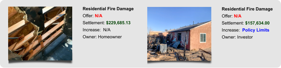 Residential Fire Damage Offer: N/A Settlement: $229,685.13 Increase:  N/A Owner: Homeowner Residential Fire Damage Offer: N/A Settlement: $157,634.00 Increase:  Policy Limits Owner: Investor