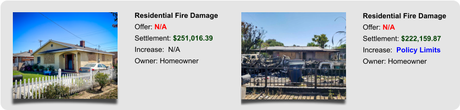 Residential Fire Damage Offer: N/A Settlement: $222,159.87 Increase:  Policy Limits Owner: Homeowner  Residential Fire Damage Offer: N/A Settlement: $251,016.39 Increase:  N/A Owner: Homeowner
