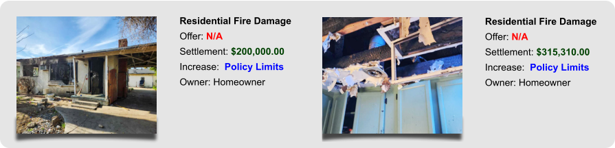 Residential Fire Damage Offer: N/A Settlement: $315,310.00 Increase:  Policy Limits Owner: Homeowner Residential Fire Damage Offer: N/A Settlement: $200,000.00 Increase:  Policy Limits Owner: Homeowner