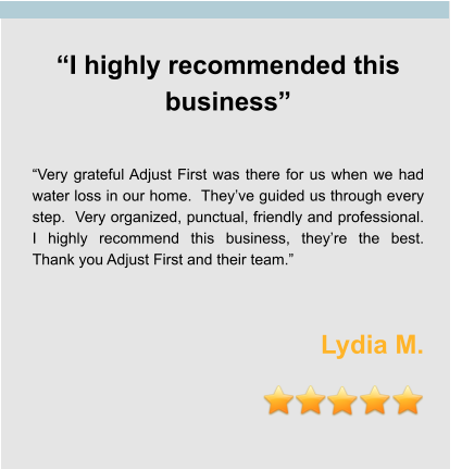 “I highly recommended this business”   “Very grateful Adjust First was there for us when we had water loss in our home.  They’ve guided us through every step.  Very organized, punctual, friendly and professional.  I highly recommend this business, they’re the best.  Thank you Adjust First and their team.”   Lydia M.